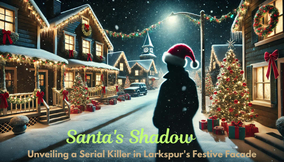 A snowy, dimly lit village street adorned with Christmas decorations. The foreground features a shadowy figure wearing a Santa hat, casting a long, ominous shadow across the snow. Quaint homes with twinkling lights line the background, creating a festive yet eerie ambiance.